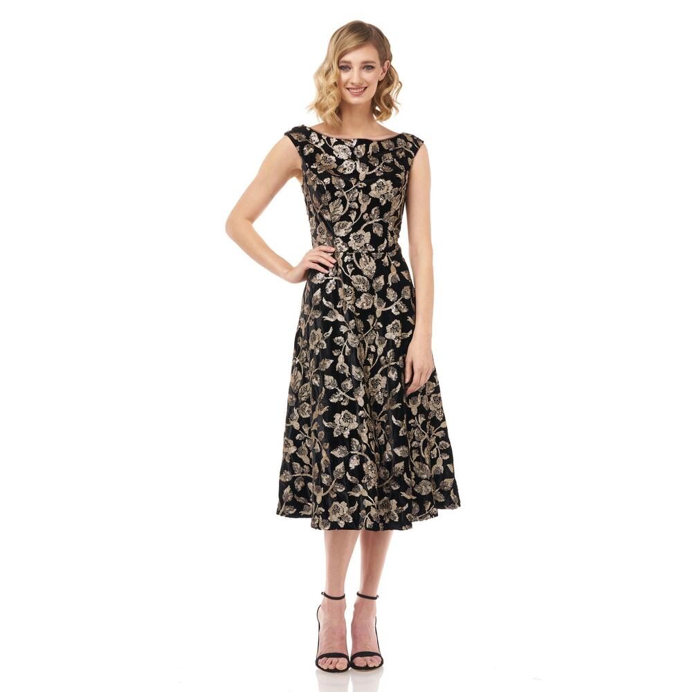 Kay Unger Black and Gold Floral Fit-and-Flare Midi Dress